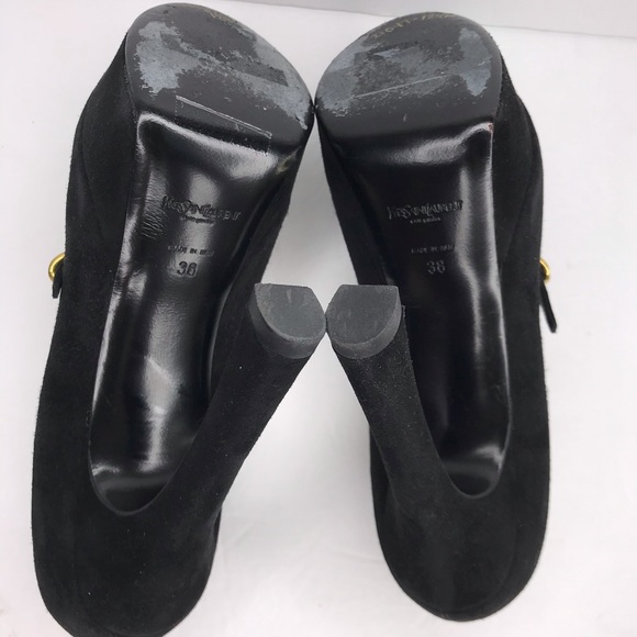 YSL Yves Saint Laurent Black Suede Tribtoo Mary Jane Platform Heels Size 38 - Picture 9 of 16